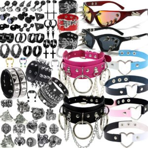 50 Pcs Leather Spike Choker Studded Bracelet Cuffs Set